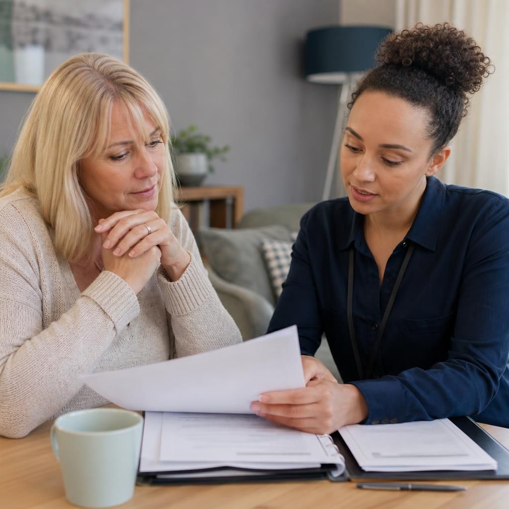 Kinship carer discussing payment documents with a social worker