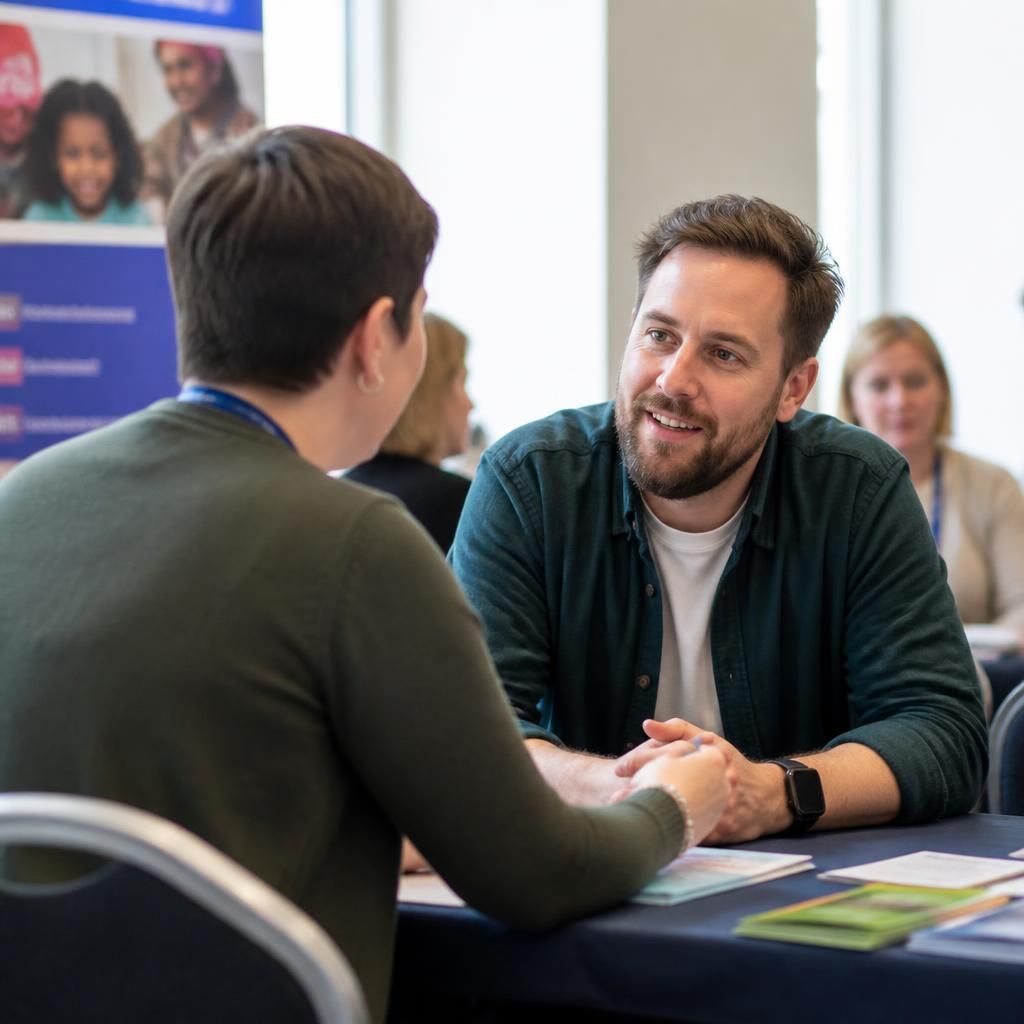 Single prospective foster carer speaking with a fostering adviser at an information event
