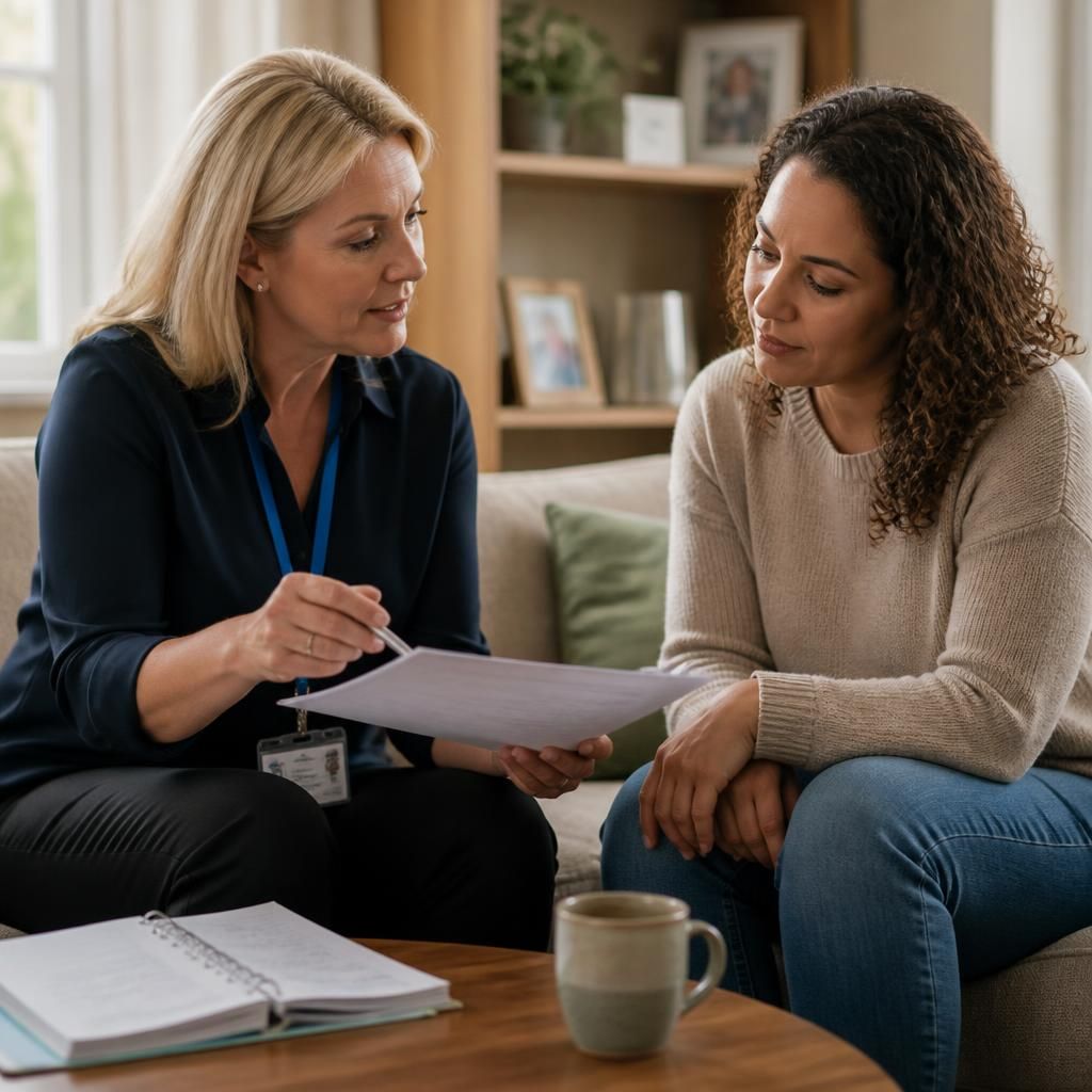 Foster carer and social worker discussing a child's placement plan