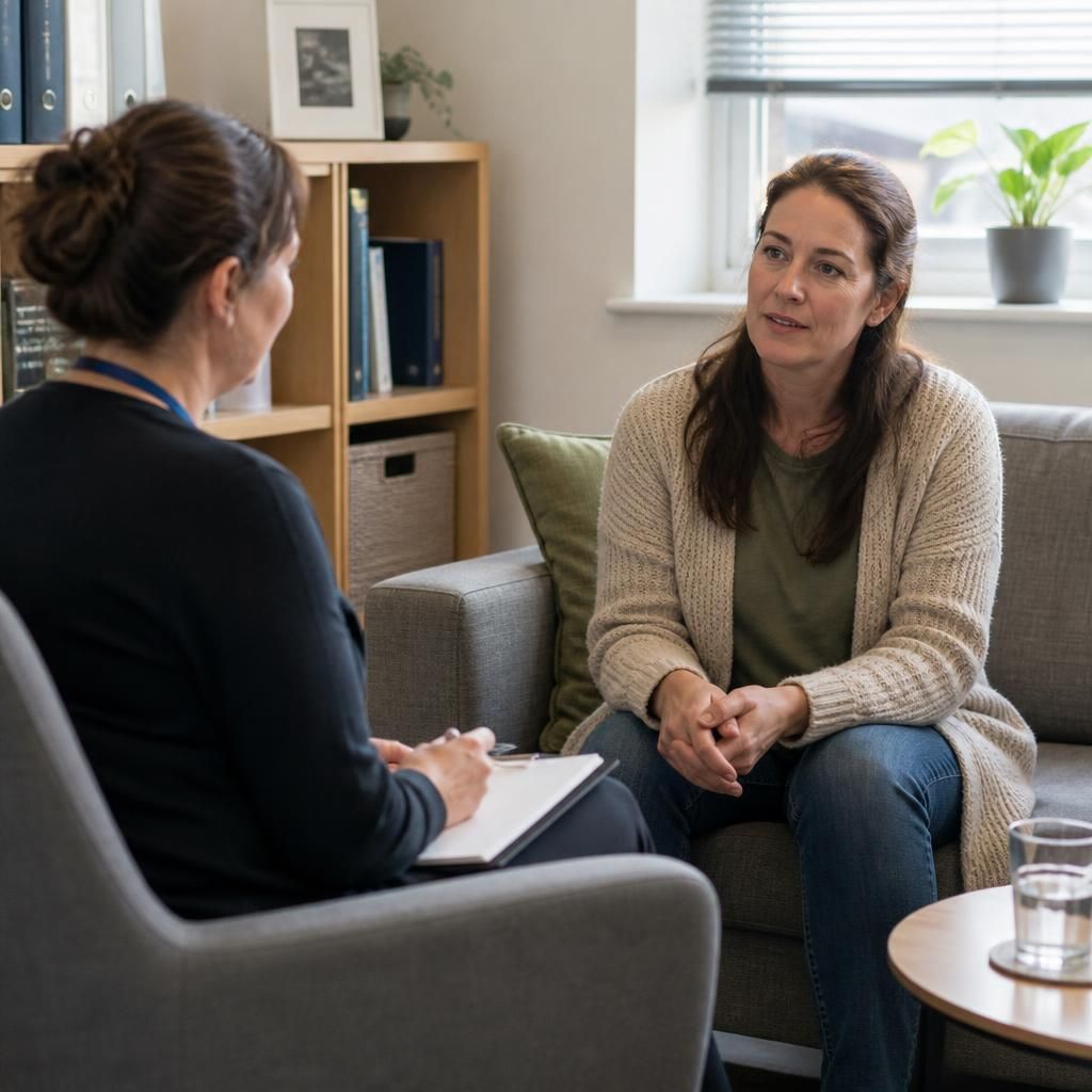 Single parent speaking with a social worker during a fostering assessment