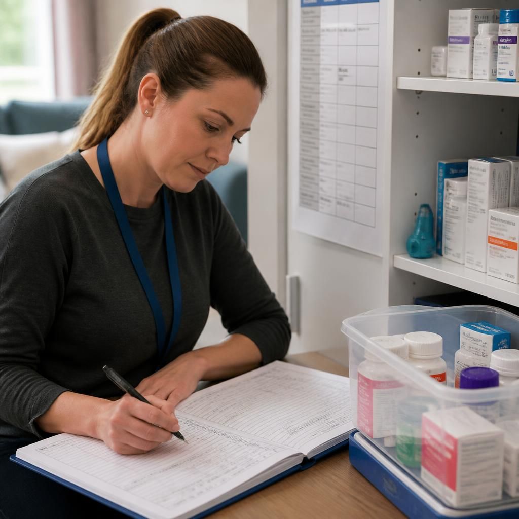 Staff member checking a medication record beside labelled medicine containers