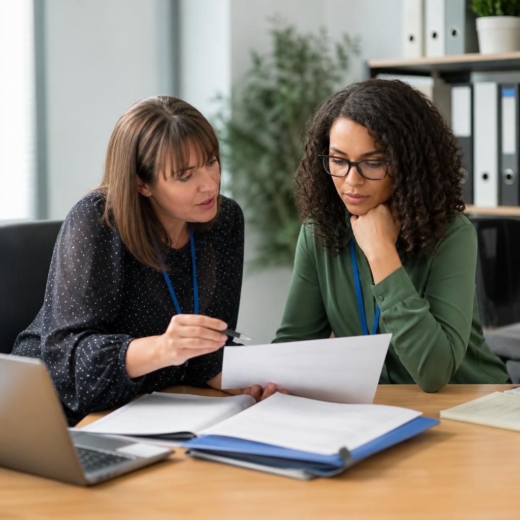 Social workers reviewing a child's placement information at a desk