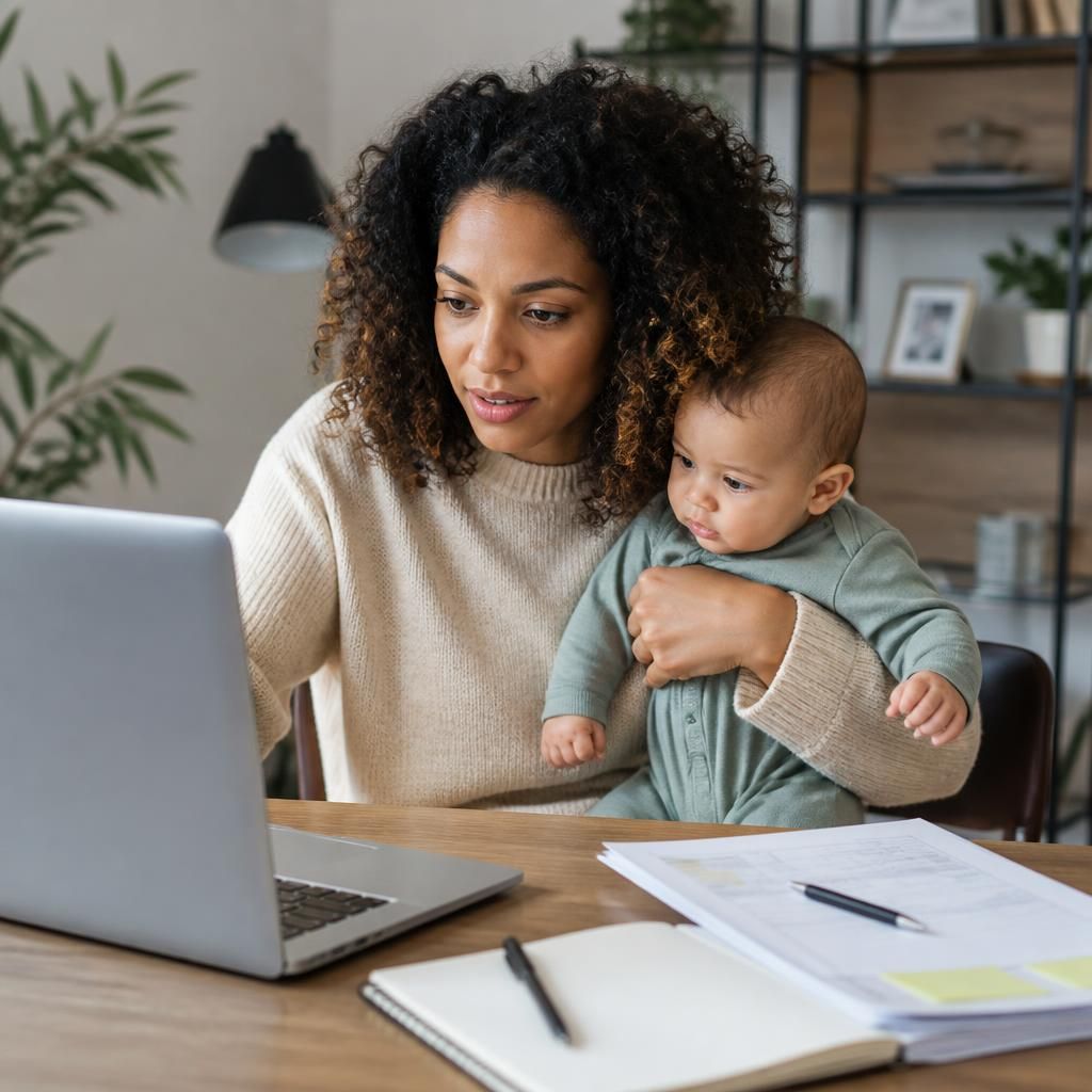 Foster carer holding a baby beside a laptop and work documents
