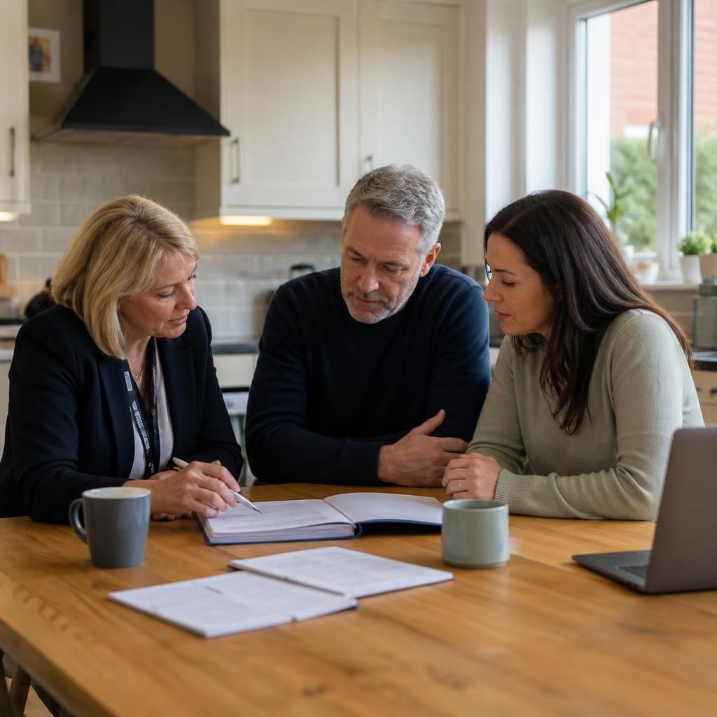 Foster assessor reviewing documents with prospective carers at a kitchen table