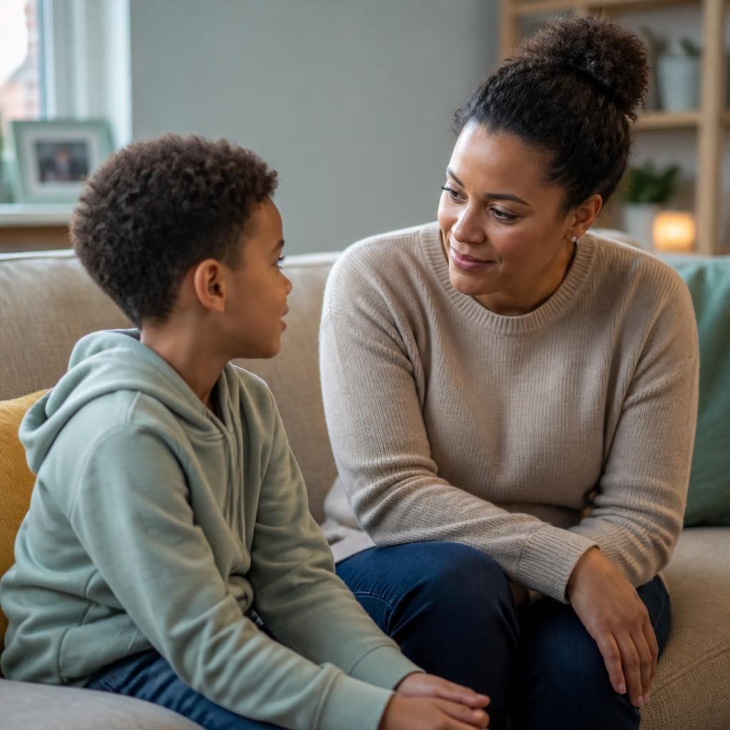 Foster carer talking with a child at home