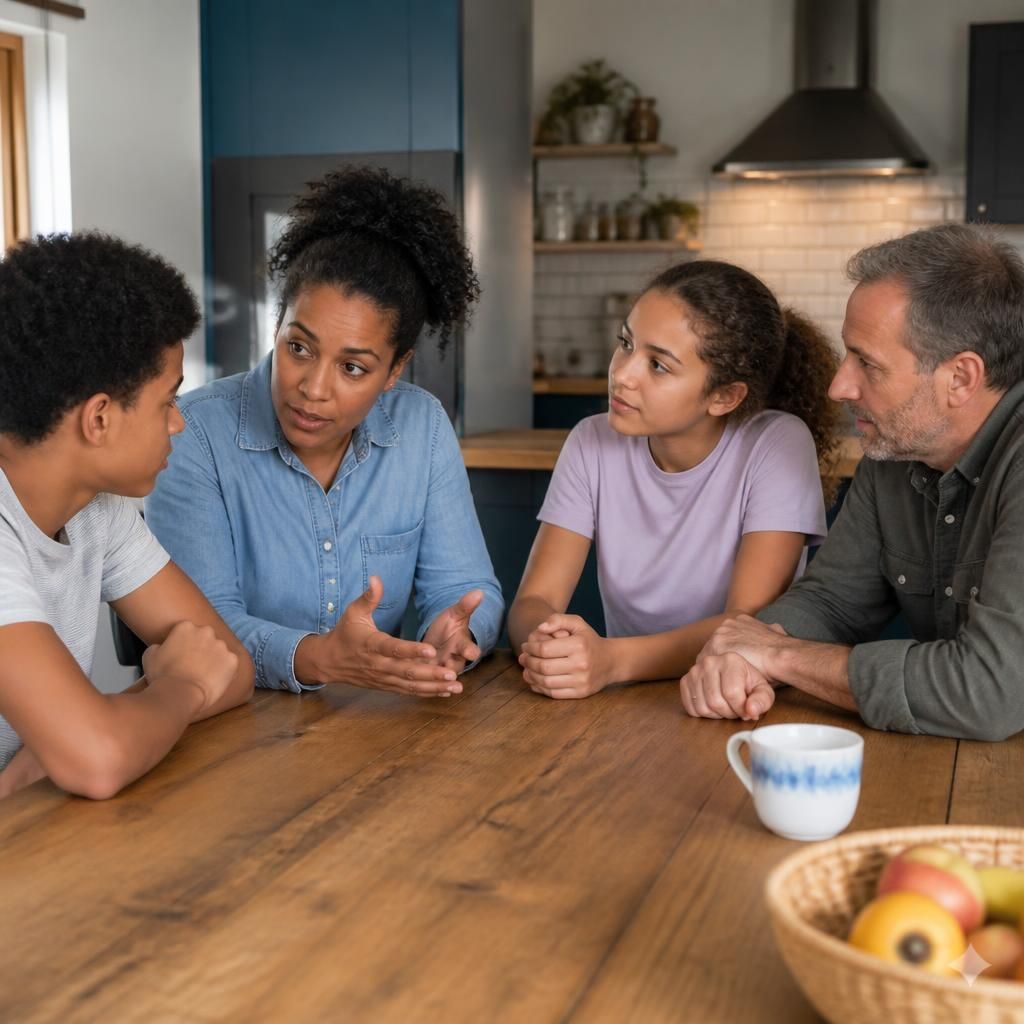 Family members talking together at a kitchen table