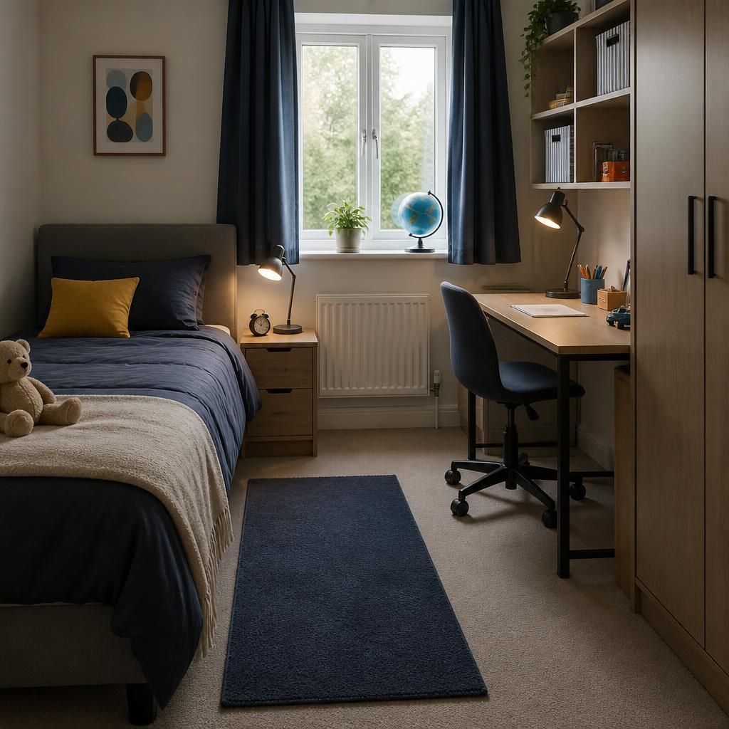 A tidy child’s bedroom with a single bed, desk and storage