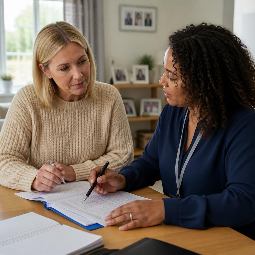 Foster carer and social worker discussing placement details at a table