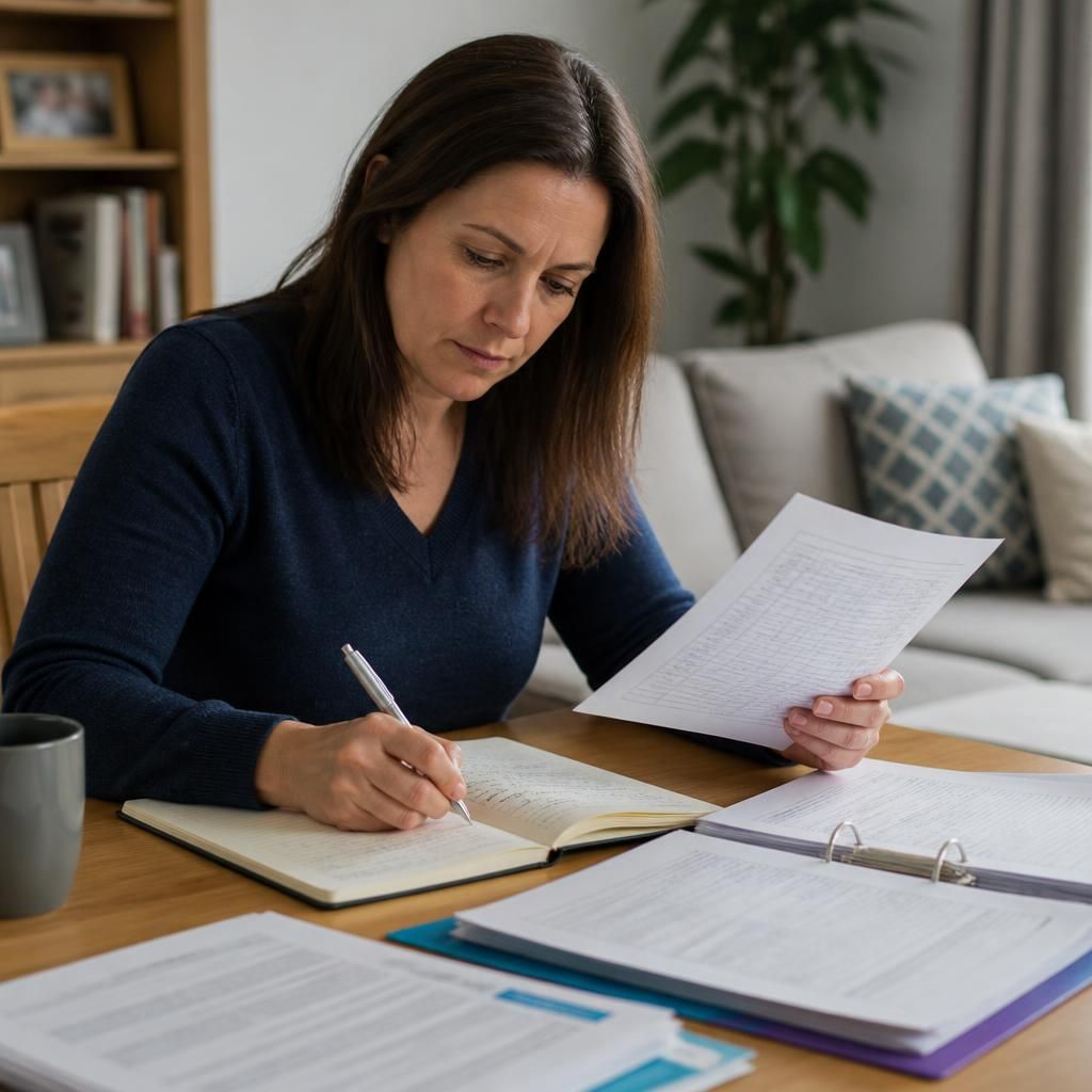 Foster carer writing notes in a placement record while reviewing paperwork