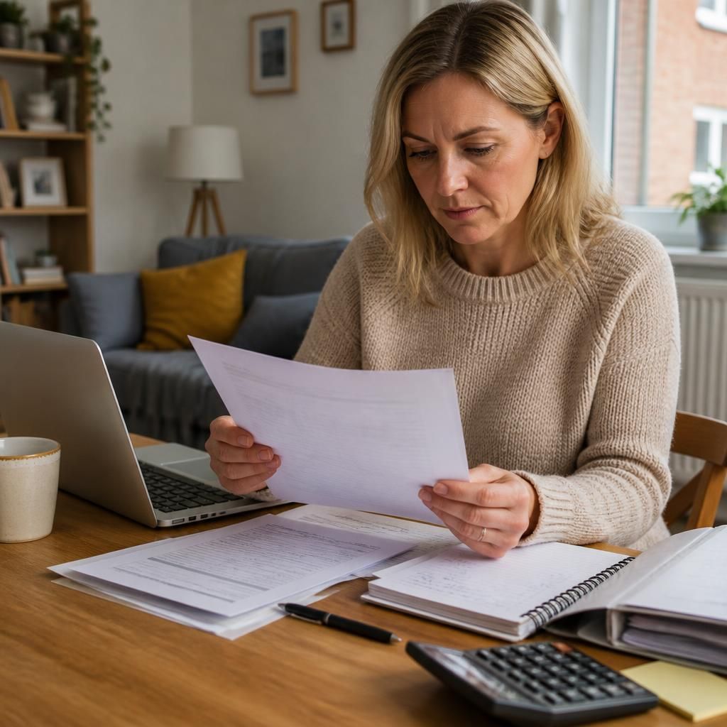 Foster carer reviewing household finances and placement paperwork at a table