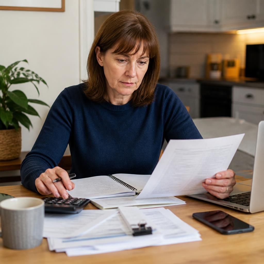 Foster carer reviewing tax records and paperwork at a desk