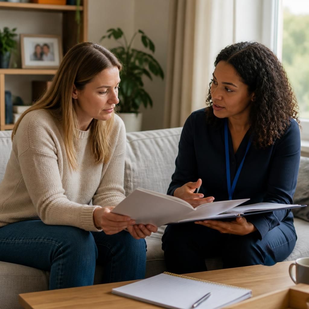 Foster carer discussing training materials with a social worker