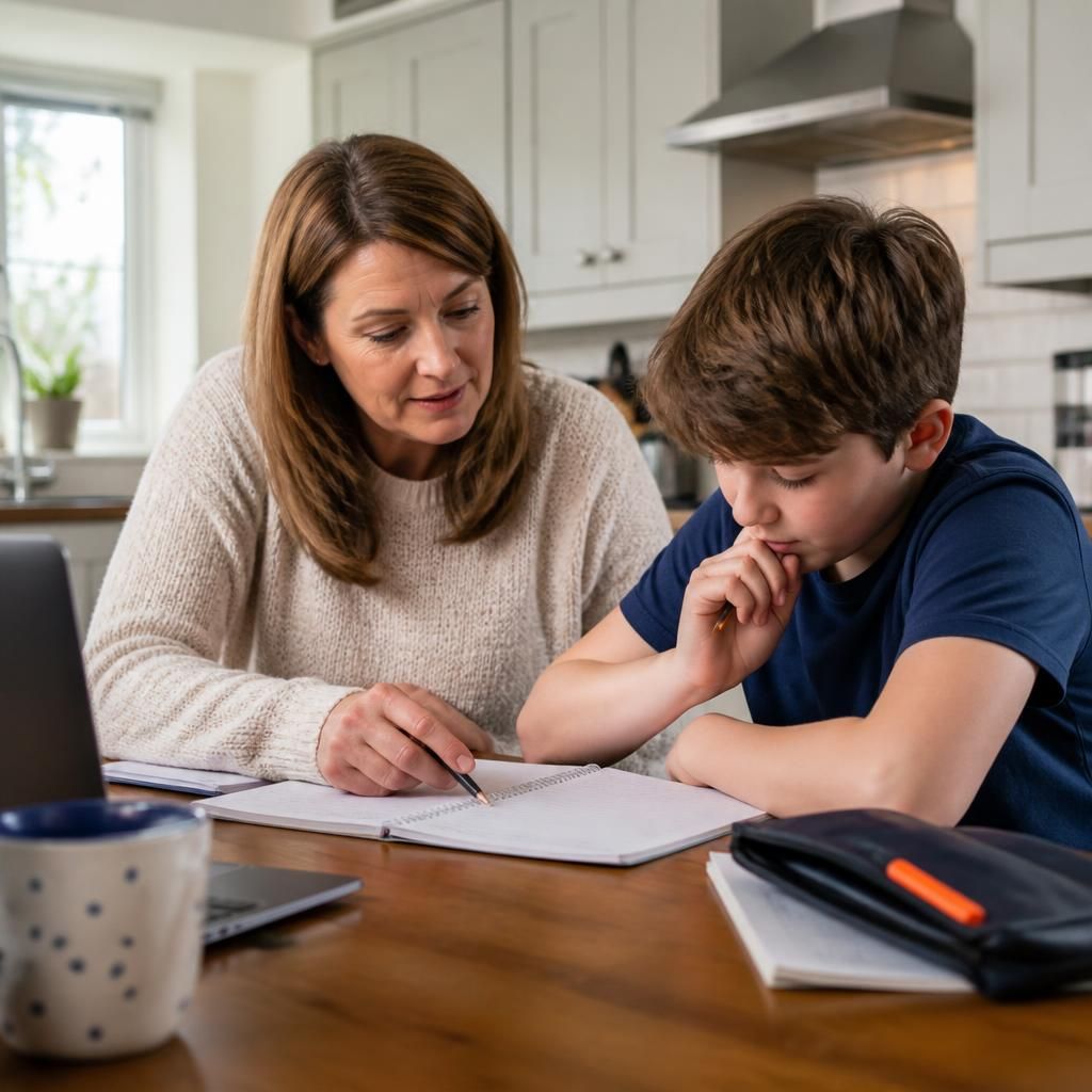Foster carer and child discussing homework at a kitchen table