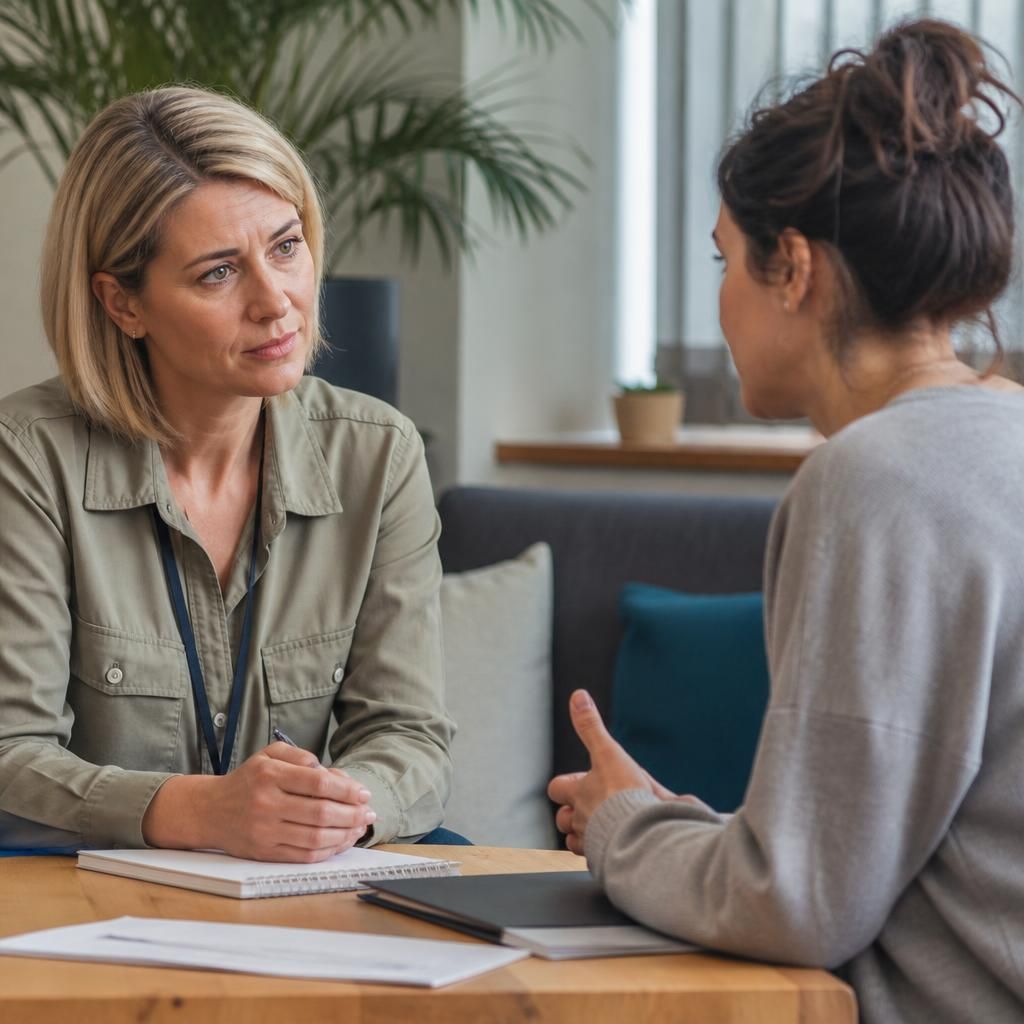 Foster carer speaking with a social worker during a safeguarding meeting