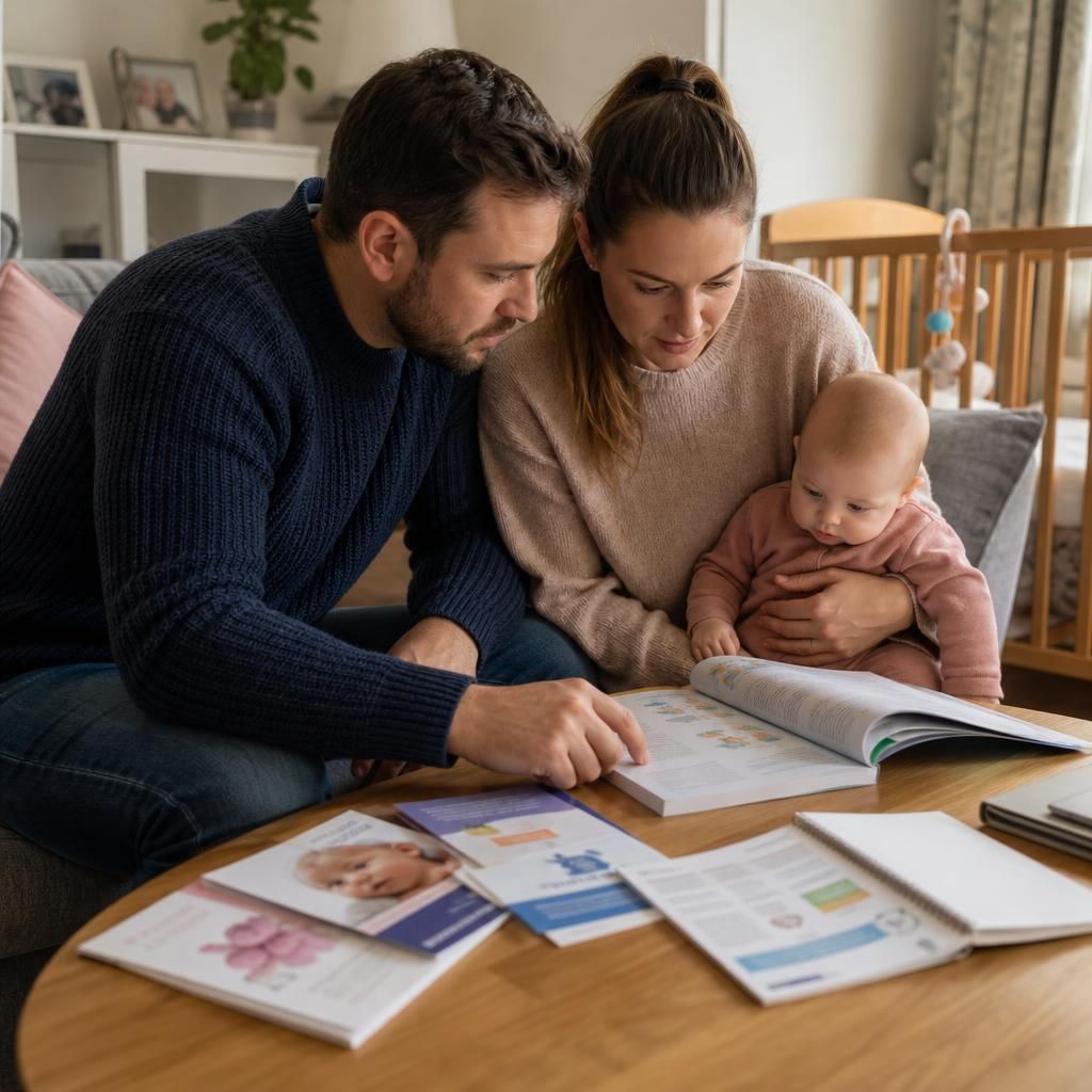 Family looking at resources about infant development and children’s wellbeing