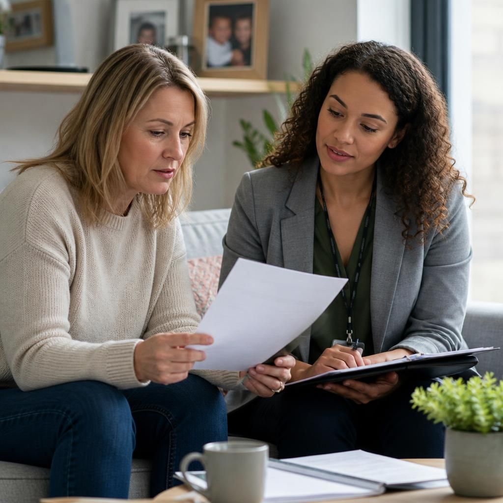 Foster carer reviewing assessment documents with a social worker