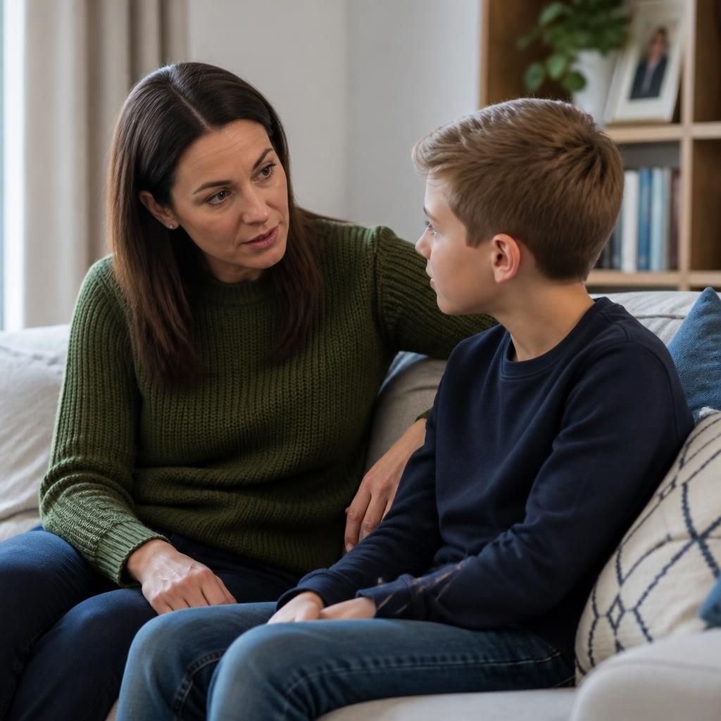 Adult kinship carer talking with a child at home