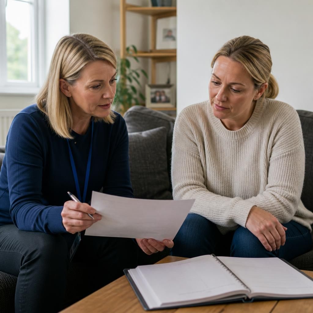 Fostering support worker discussing documents with a foster carer at home