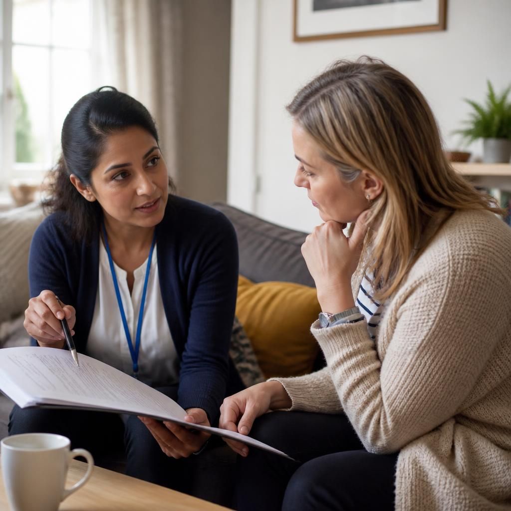 Social worker discussing assessment paperwork with a prospective foster carer at home