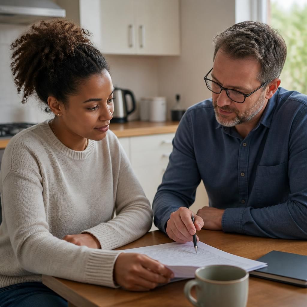 Tenant reviewing a tenancy agreement with a landlord at a kitchen table