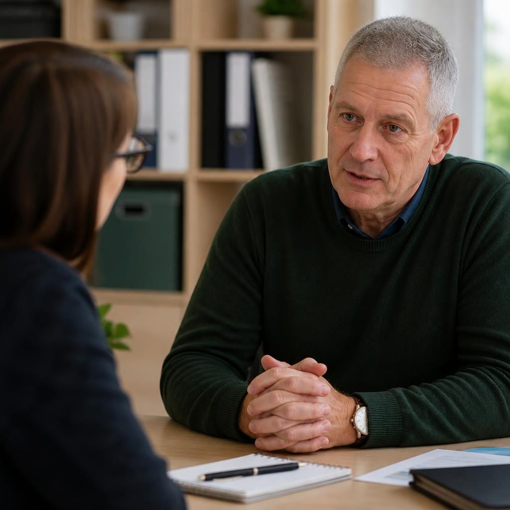 Older adult speaking with a fostering adviser during an assessment meeting