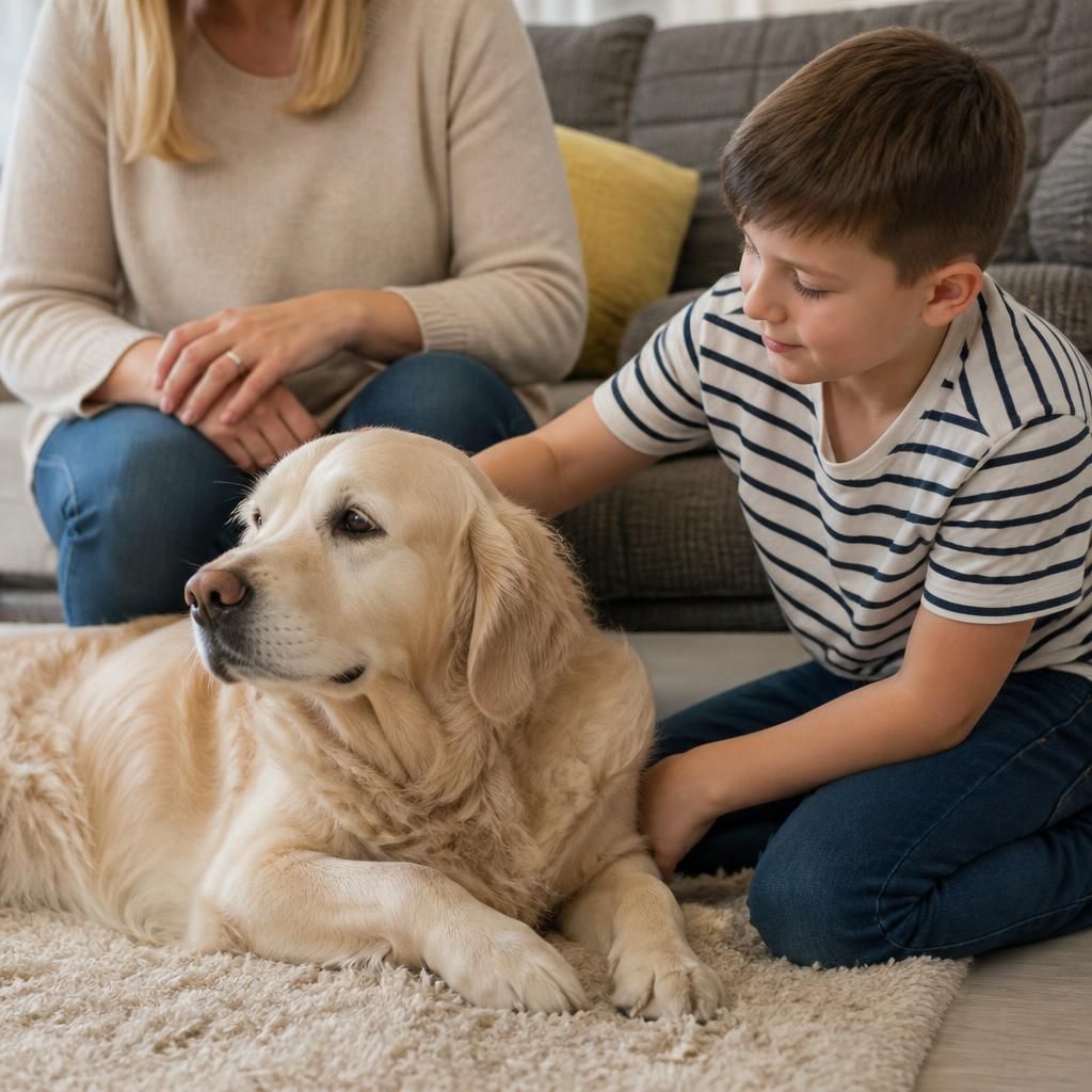 Child gently stroking a calm family dog beside a seated adult