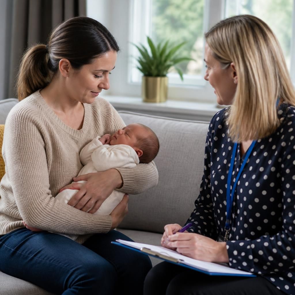Foster carer holding a newborn during a placement discussion with a social worker