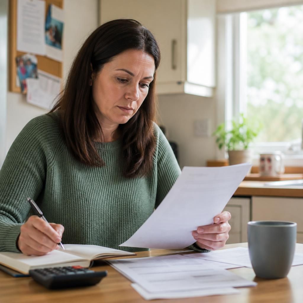 Foster carer reviewing household budget documents at a table