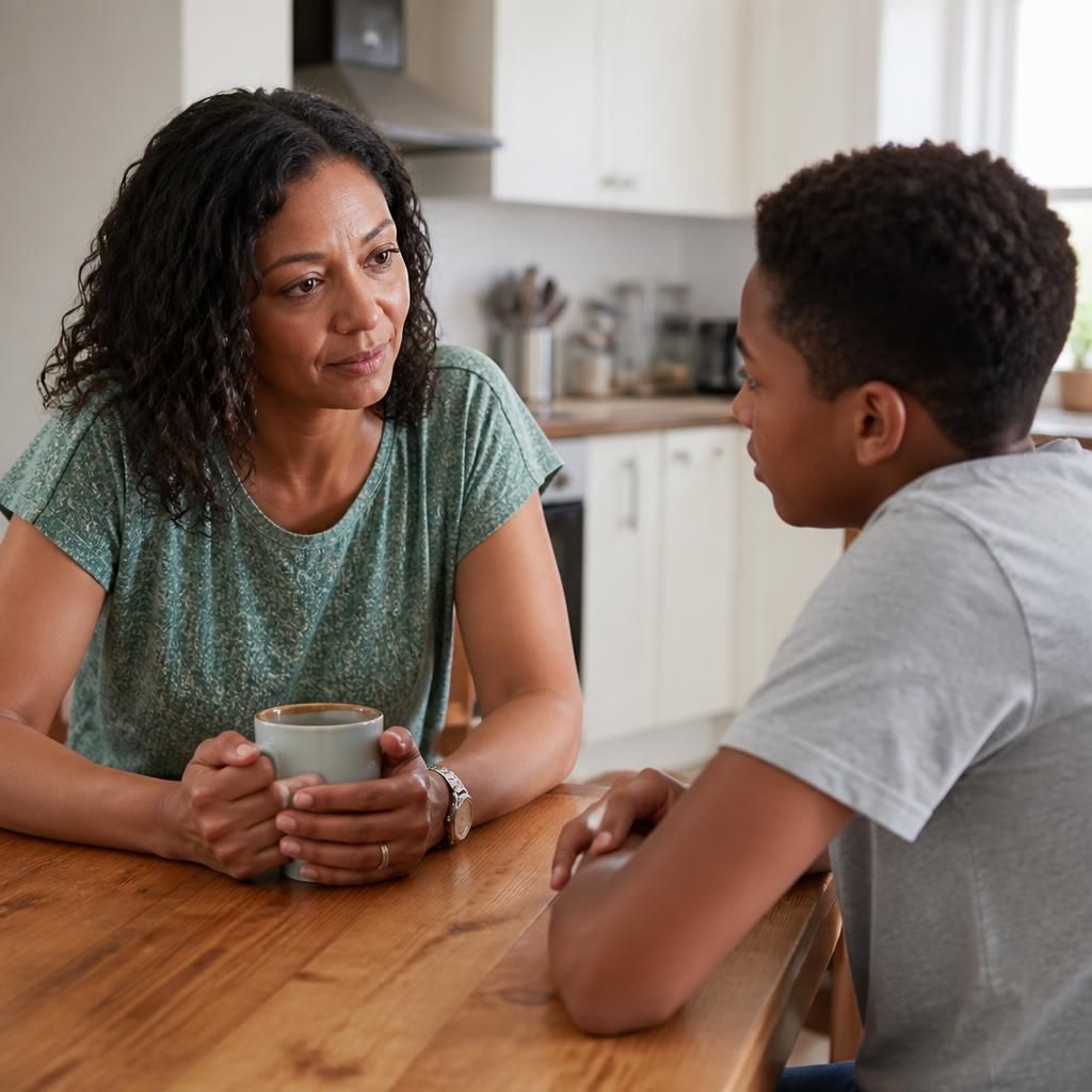Foster carer and young person talking at a kitchen table