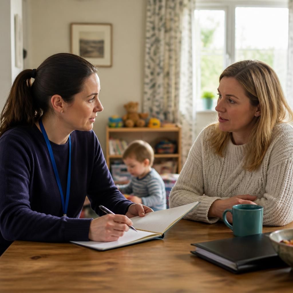Foster carer and social worker discussing childcare arrangements for a young child