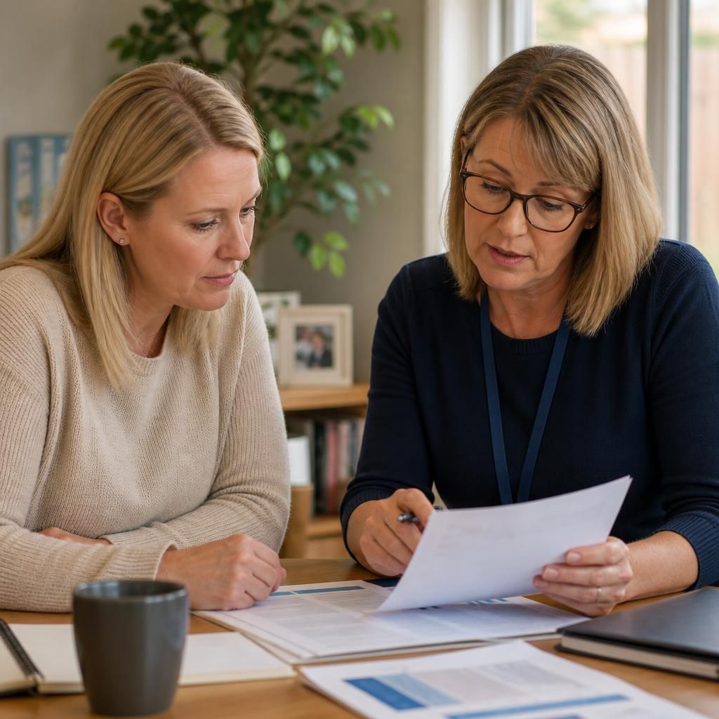 Foster carer and social worker reviewing placement information at a table