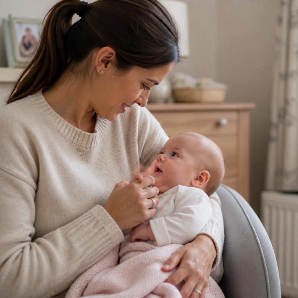 Adult gently holding a baby during a care routine