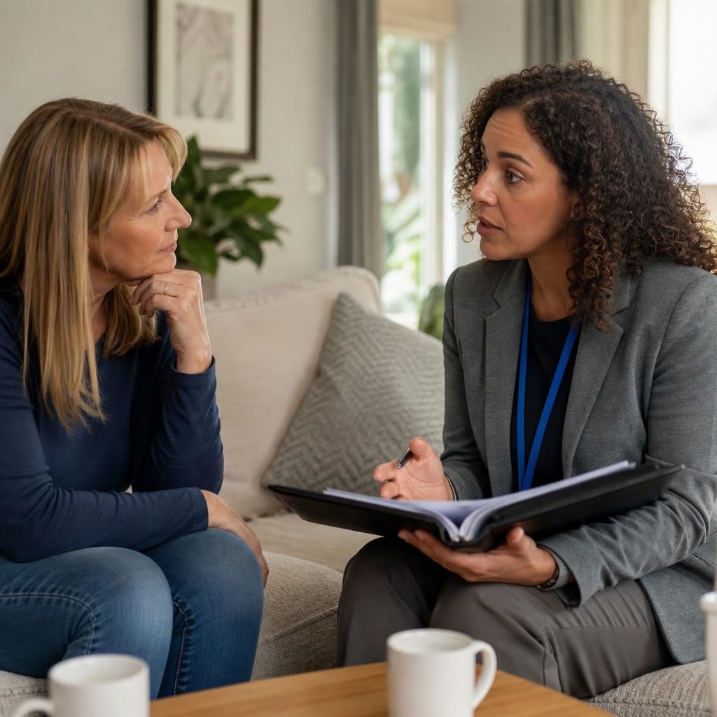 Social worker discussing connected person fostering with a prospective carer at home
