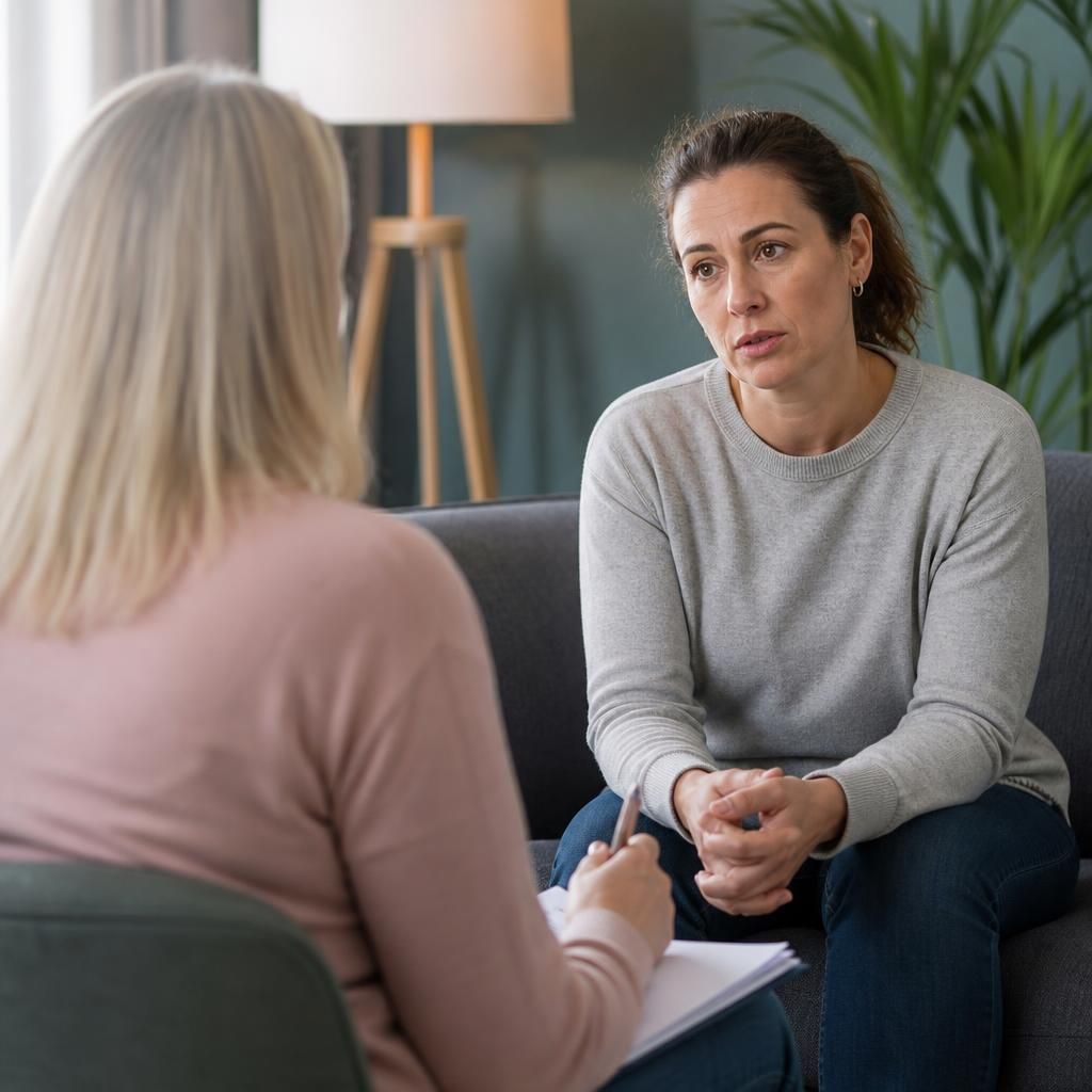 Foster carer speaking with a social worker during a safeguarding meeting