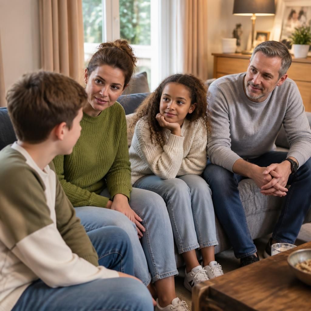 Adults and children talking together in a family living room