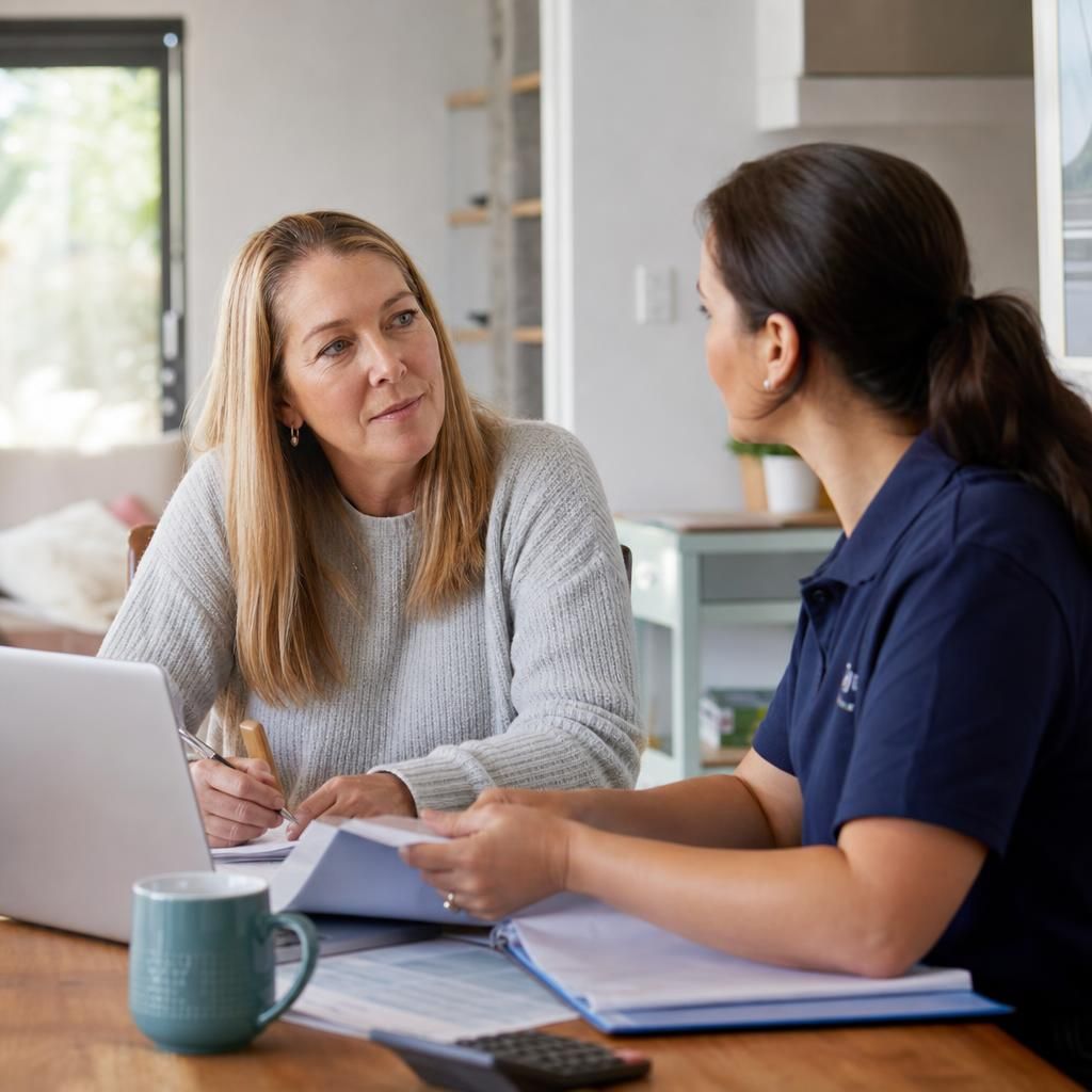 Foster carer discussing financial information with a support worker