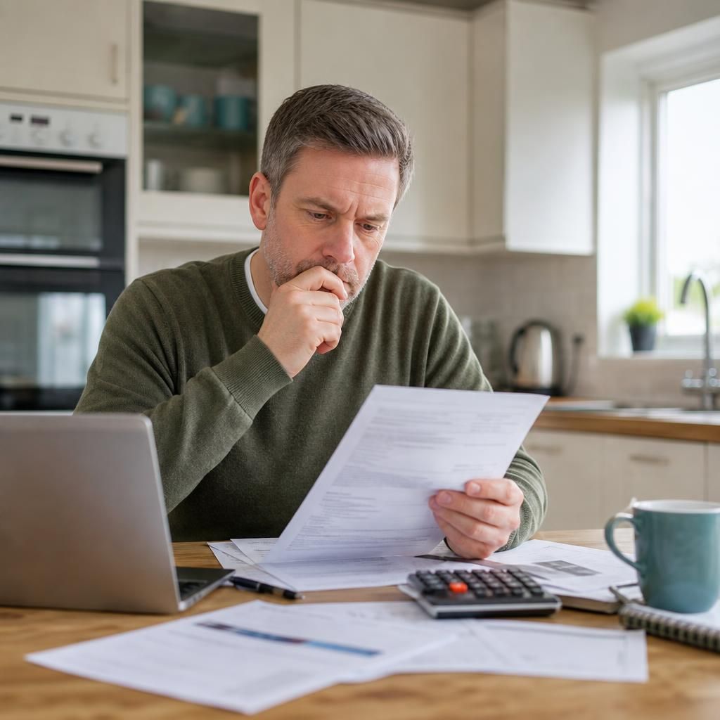 Foster carer reviewing household costs and financial documents at a kitchen table