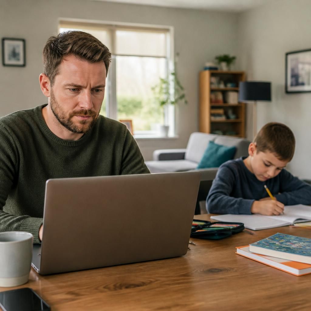 Foster carer working at a laptop while a child completes homework nearby
