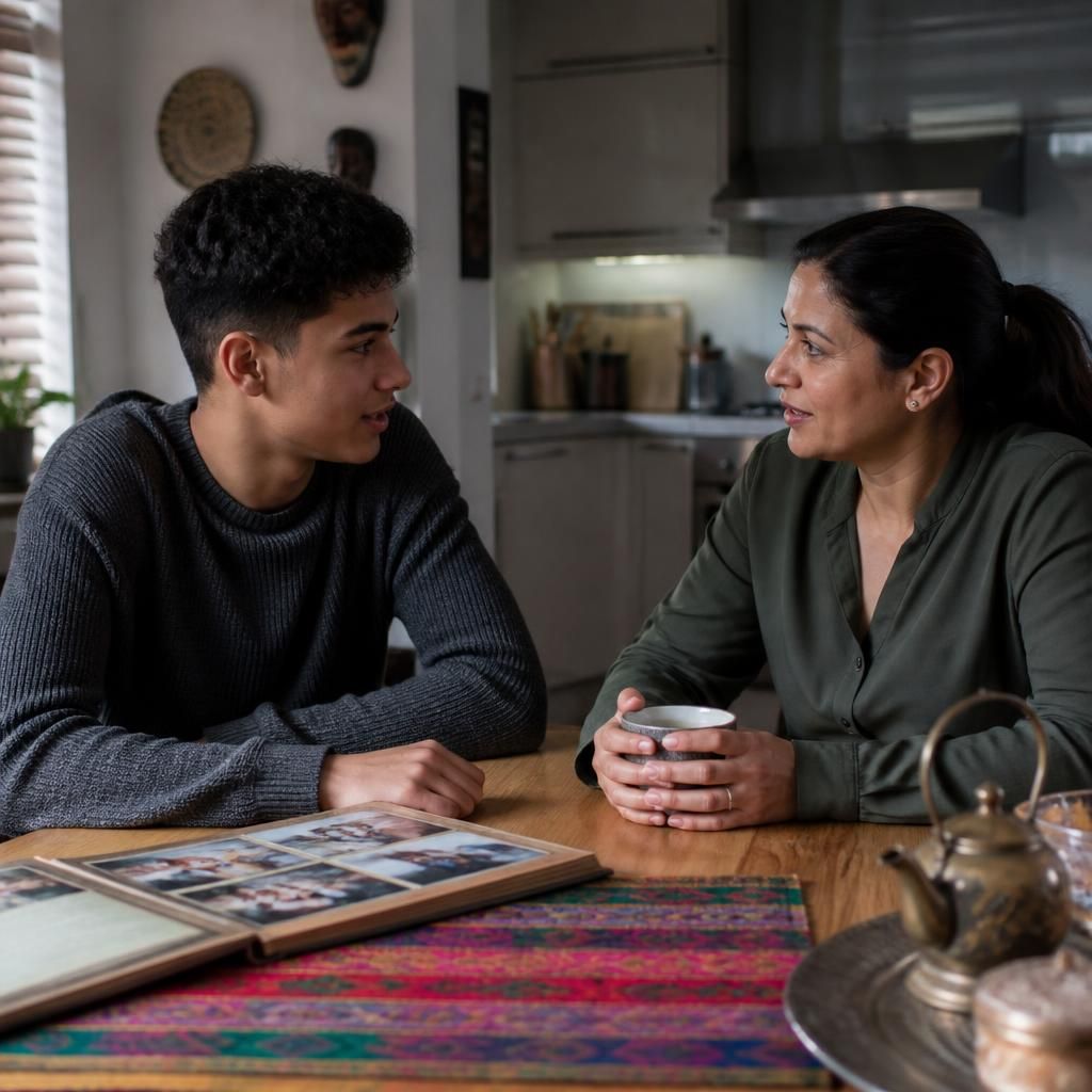 Young person discussing cultural traditions with a foster carer at a kitchen table