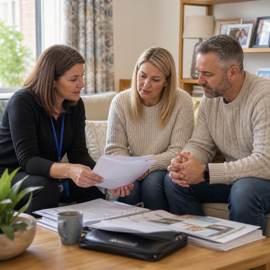 Social worker discussing fostering paperwork with prospective carers at home