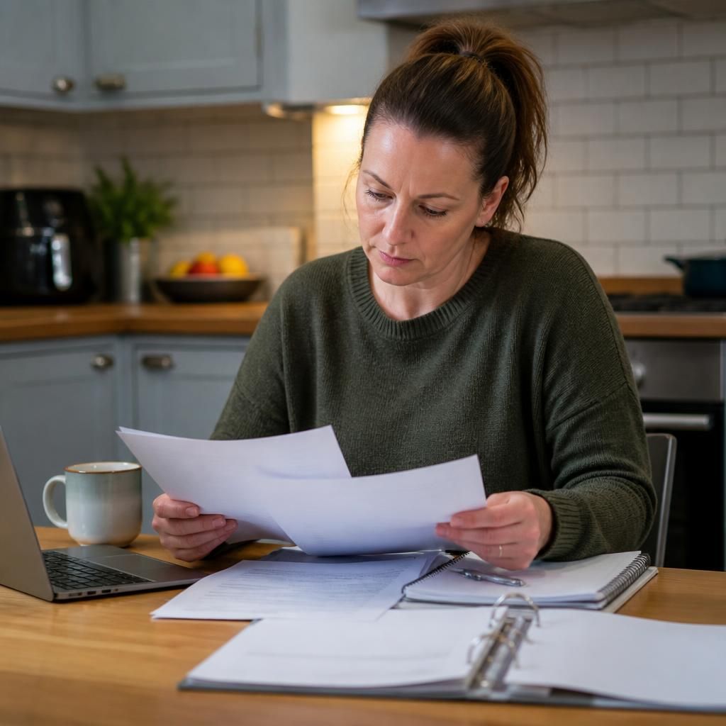 Single foster carer reviewing paperwork at a kitchen table
