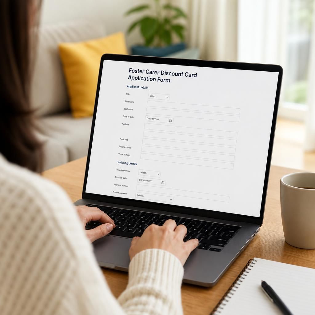 Laptop displaying an online foster carer discount card application form