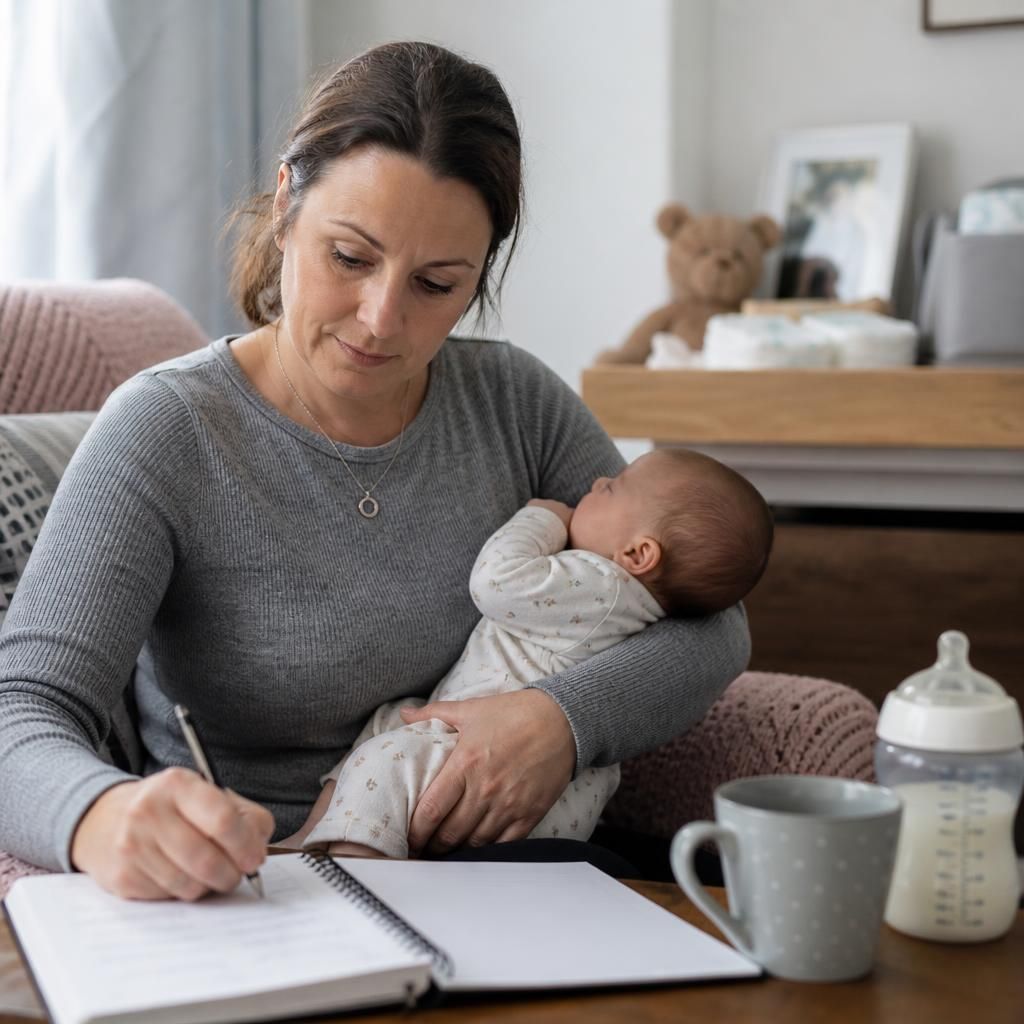 Foster carer recording a baby's feeding and sleep routine in a notebook