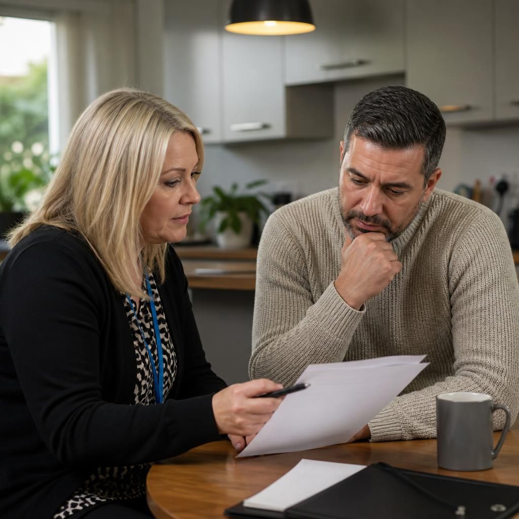 Foster carer reviewing allowance documents with a social worker