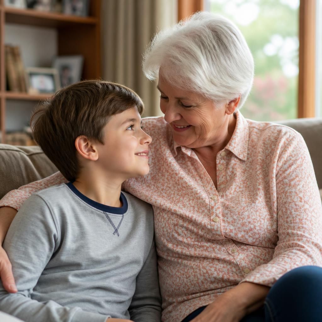 Grandparent and child sitting together at home