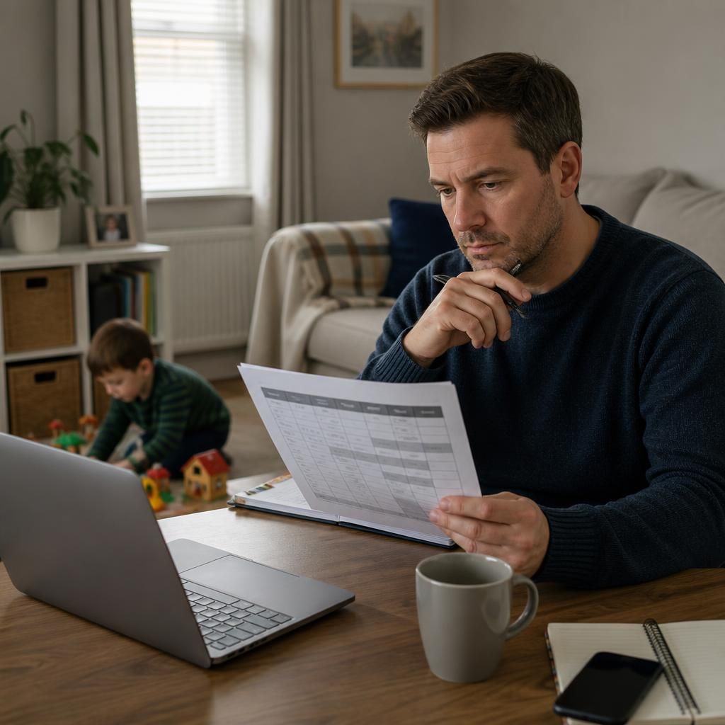 Foster carer reviewing a work schedule at home while a child plays nearby