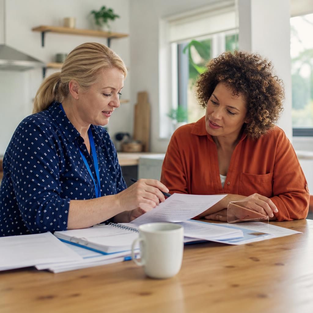 Foster carer reviewing training materials with a social worker