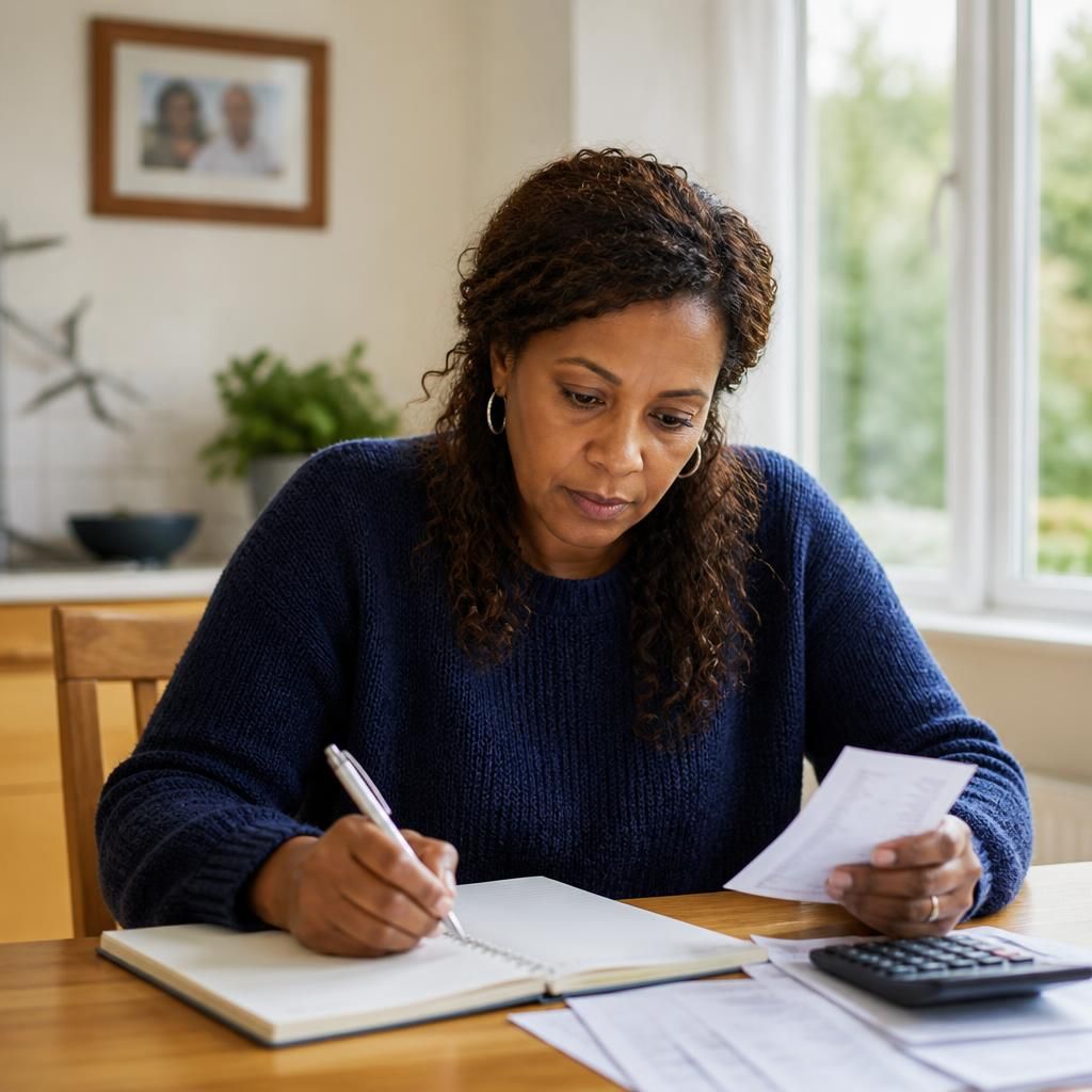 Foster carer reviewing household budgeting notes at a table