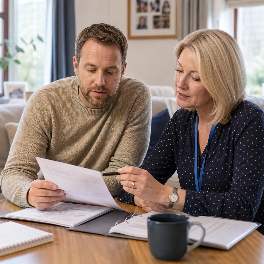 Foster carer reviewing household assessment documents with an adviser
