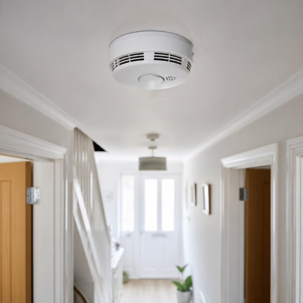 Smoke alarm mounted on a ceiling above a clear hallway